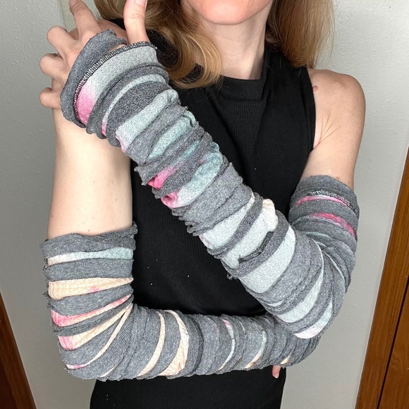 Mummy Bandage Gloves Pink Tie Dye Lace Up Arm Warmers Gray Ripped Whimsygoth Psy - Picture 5 of 11